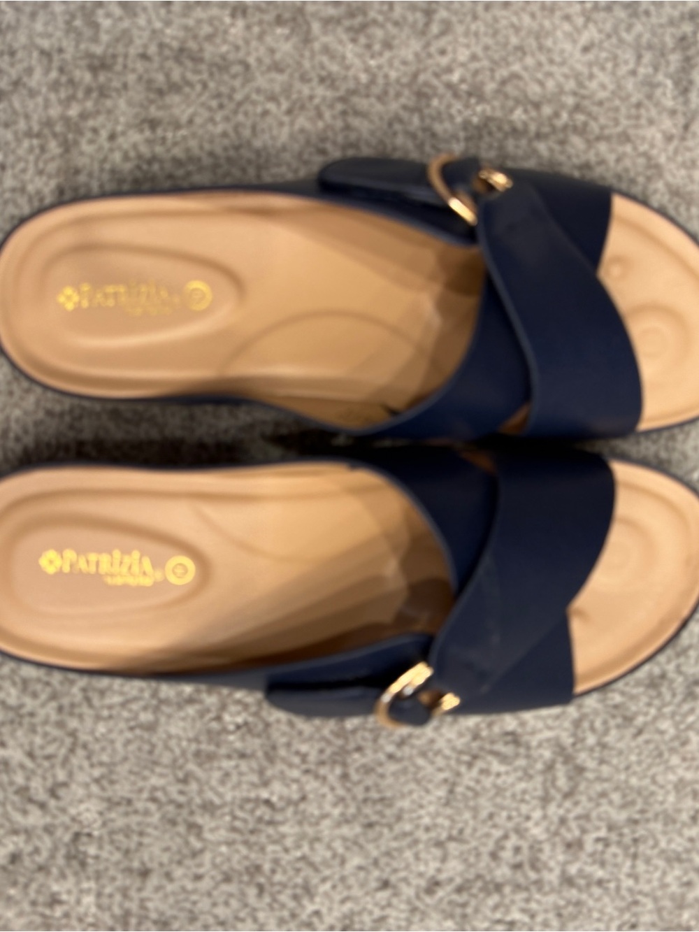 Women’s Navy Slide Sandals with Gold Buckle Accent